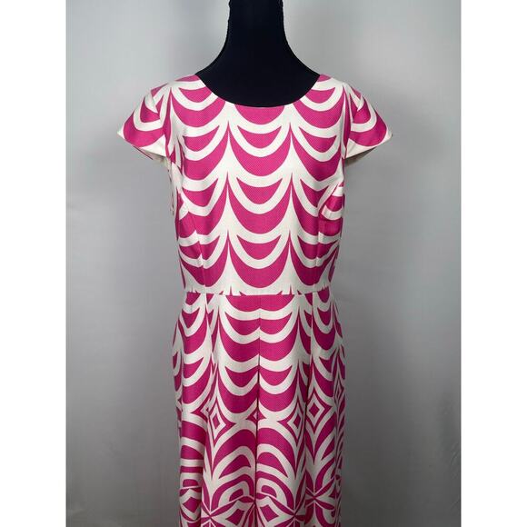 Talbots Fit & Flare Dress Size 16 Pink White Geometric Cap Sleeve​ - Picture 1 of 7